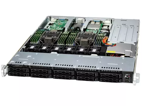 Сервер Supermicro SuperServer 121C-TN10R., 2xIntel Xeon Gold 6430, 4x128Gb RAM, 1x960Gb SATA SSD, 10x2.5" HS, AOC-S3916L-H16iR, noDVD, 2x10GLAN, IPMI, 2x860 Вт, 1U (SYS-121C-TN10R.)