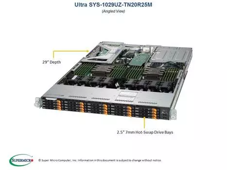 Серверная платформа SuperMicro 1029UZ-TN20R25M, 2xSocket3647, 24xDDR4, 20x2.5 HDD HS, 2x25G SFP28, IPMI, Redundant 2x1600 Вт, 1U (SYS-1029UZ-TN20R25M)