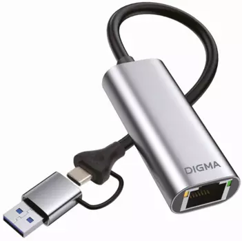 Сетевая карта Digma DLA-GEUC01, 1xRJ-45, 1 Гбит/с, USB 3.0 Type-A/Type-C, Retail (DLA-GEUC01)