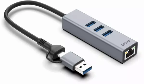 Сетевая карта Digma DLA-GEUCH3, 1xRJ-45, 1 Гбит/с, USB 3.0 Type-A/Type-C, Retail (DLA-GEUCH3)