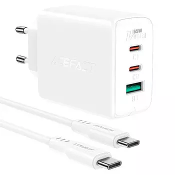 Сетевое зарядное устройство Acefast A13 65Вт, USB, 2xUSB type-C, Quick Charge, PD, 3A, белый (AF-A13-WH), USB Type-C - USB Type-C