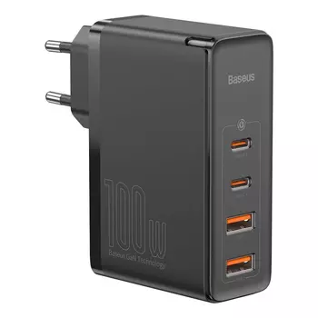 Сетевое зарядное устройство BASEUS 100 Вт, 2xUSB, EU, 2xUSB type-C, Quick Charge, PD, черный (P10110302827-Z1), кабель USB Type C