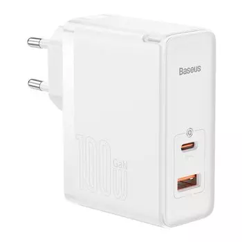 Сетевое зарядное устройство BASEUS GaN5 Pro Fast Charger C+U 100W CCGP090202 100 Вт, USB, EU, USB type-C, Quick Charge, белый (CCGP090202), кабель USB Type C 1м