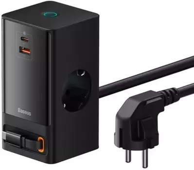 Сетевое зарядное устройство BASEUS PowerCombo Digital PowerStrip 65 Вт, USB, EU, USB type-C, 2xAC, Quick Charge, PD, черный (BAS-PSLR000301), кабель USB Type C