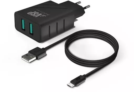 Сетевое зарядное устройство BORASCO, 2xUSB, EU, черный (37263), кабель microUSB