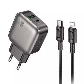 Сетевое зарядное устройство Borofone Absolute BAS55A 30 Вт, USB, EU, USB type-C, Quick Charge, PD, черный (6941991116247), кабель USB Type A/USB Type C