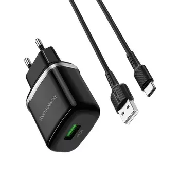 Сетевое зарядное устройство Borofone BA36A High speed 18W, 1USB, Quick Charge, 3A, черный (6931474716002), кабель USB Type C