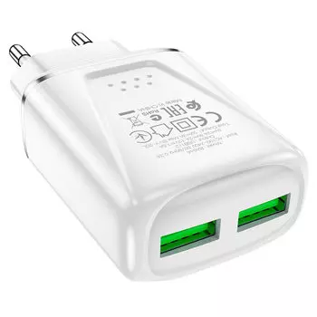 Сетевое зарядное устройство Borofone BA54A Wide road 18Вт, 2xUSB, Quick Charge, 1.5A, белый (6931474745187)