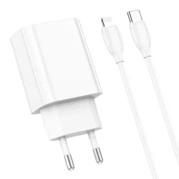 Сетевое зарядное устройство Borofone BA65A PD20W 20Вт, USB type-C, Quick Charge, PD, 3A, белый ( 974443383935), USB Type-C - Lighting 8-pin