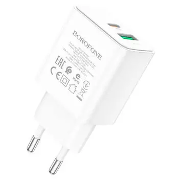 Сетевое зарядное устройство Borofone BA67A 20Вт, USB, USB type-C, Quick Charge, PD, 3A, белый (207908), кабель USB Type C