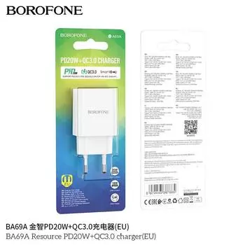 Сетевое зарядное устройство Borofone BA69A 20 Вт, USB, EU, USB type-C, Quick Charge, PD, белый (6974443387865)