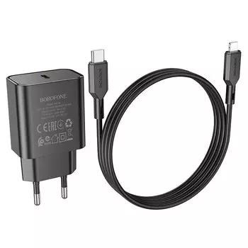 Сетевое зарядное устройство Borofone BA71A Power 20Вт, USB type-C, Quick Charge, PD, 3A, черный (213514), Lightning 8pin