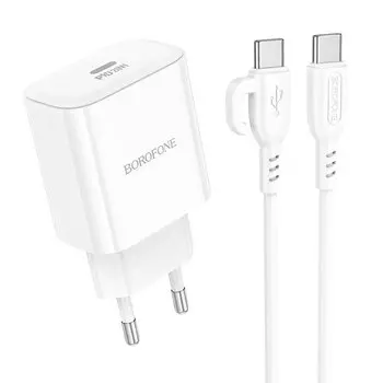 Сетевое зарядное устройство Borofone BA81A 20 Вт, EU, USB type-C, Quick Charge, PD, белый (6941991108204), кабель type-C/type-C