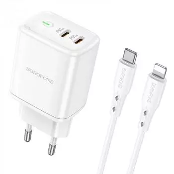 Сетевое зарядное устройство Borofone BN9 35 Вт, 2xUSB type-C, 3A, белый (6974443388176), кабель Lightning