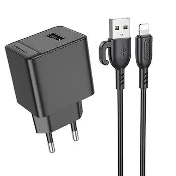 Сетевое зарядное устройство Borofone Erudite BAS11A 10.5 Вт, USB, EU, черный (6941991104619), кабель USB Type A/Lightning