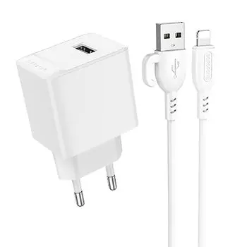 Сетевое зарядное устройство Borofone Erudite BAS11A 10.5 Вт, USB, EU, белый (6941991104657), кабель Lightning/Type-C
