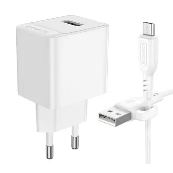 Сетевое зарядное устройство Borofone Erudite BAS11A, USB, EU, белый (6941991104640), кабель microUSB/USB Type A