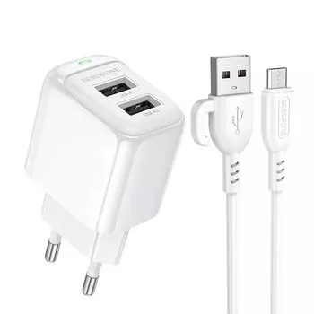 Сетевое зарядное устройство Borofone Potential BAS41A 12 Вт, 2xUSB, EU, белый (6941991113765), кабель microUSB/USB Type A