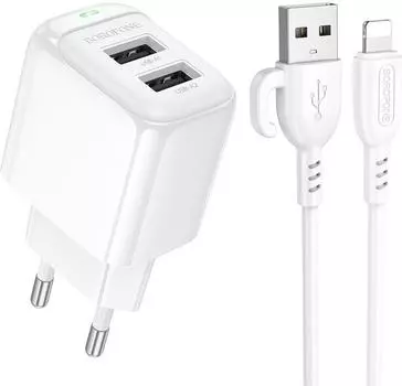 Сетевое зарядное устройство Borofone Potential BAS41A 12 Вт, 2xUSB, EU, белый (6941991113758), кабель USB Type A/Lightning