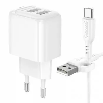 Сетевое зарядное устройство Borofone Potential BAS41A 12 Вт, 2xUSB, EU, белый (6941991113772), кабель USB Type A/USB Type C