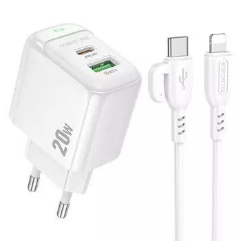 Сетевое зарядное устройство Borofone Potential BAS44A 20 Вт, USB, EU, USB type-C, Quick Charge, PD, белый (6941991113857), кабель Lightning/Type-C