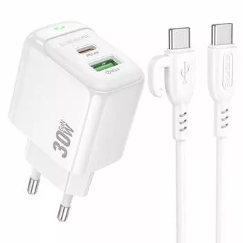 Сетевое зарядное устройство Borofone Potential BAS45A 30 Вт, USB, EU, USB type-C, Quick Charge, PD, белый (6941991113895), кабель type-C/type-C
