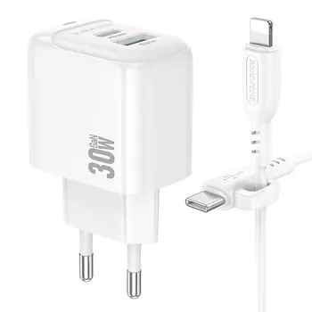 Сетевое зарядное устройство Borofone Potential BAS45A 30 Вт, USB, EU, USB type-C, Quick Charge, PD, белый (6941991113888), кабель Lightning/Type-C