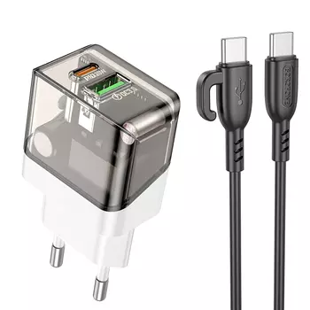 Сетевое зарядное устройство Borofone Scenery BA80A 20 Вт, USB, EU, USB type-C, Quick Charge, PD, черный/белый (6941991105173), кабель type-C/type-C