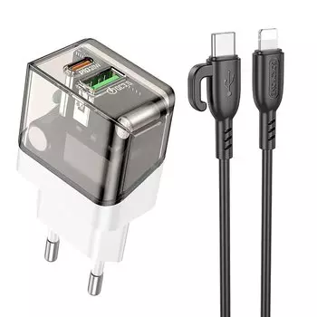 Сетевое зарядное устройство Borofone Scenery BA80A 20 Вт, USB, EU, USB type-C, Quick Charge, PD, черный/белый (6941991105166), кабель USB Type-C - Lighting 8-pin
