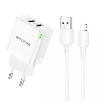 Сетевое зарядное устройство Borofone Strong BN15 10.5 Вт, 2xUSB, EU, белый (6941991108396), кабель USB Type A/Lightning