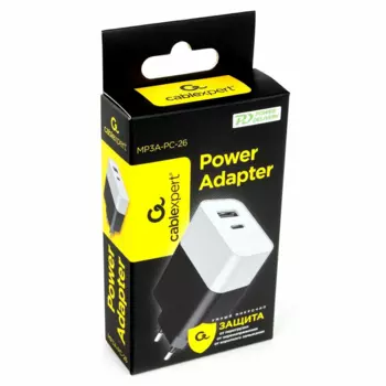 Сетевое зарядное устройство Cablexpert MP3A-PC-26 18W, 1USB, USB type-C, Quick Charge, PD, 3A, белый/черный (MP3A-PC-26)