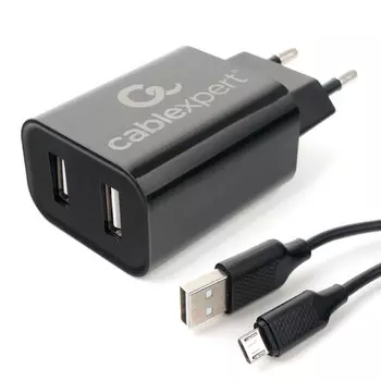 Сетевое зарядное устройство Cablexpert MP3A-PC-35 12W, 2USB, 1.2A, черный, кабель microUSB