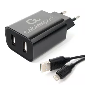 Сетевое зарядное устройство Cablexpert MP3A-PC-36 12W, 2USB, 2.4A, черный, кабель Lightning