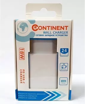 Сетевое зарядное устройство Continent 18 Вт, USB type-C, белый (PN18-101WT/L)