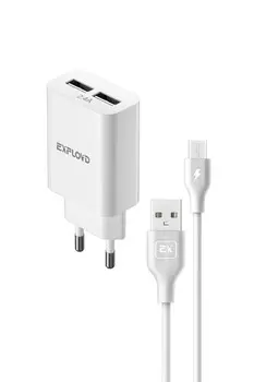 Сетевое зарядное устройство Exployd Easy EX-Z-1423 5Вт, 2xUSB, 2.4A, белый (EX-Z-1423), micro USB