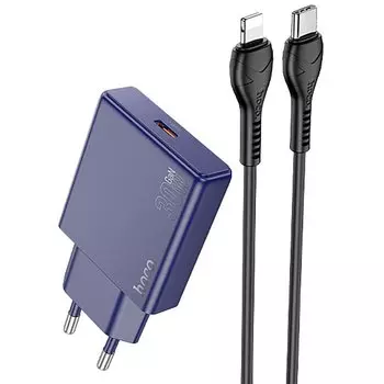 Сетевое зарядное устройство Hoco Bisciut N44 30 Вт, EU, USB type-C, Quick Charge, PD, синий (6942007620314), кабель Lightning/Type-C