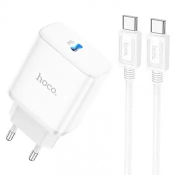 Сетевое зарядное устройство Hoco C104A Stage single port 20Вт, USB type-C, Quick Charge, PD, 3A, белый (214019), кабель USB Type C