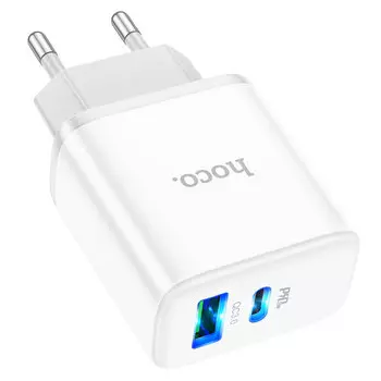 Сетевое зарядное устройство Hoco C105A Stage dual port 20Вт, USB, USB type-C, Quick Charge, PD, 3A, белый (214015), Lightning 8pin