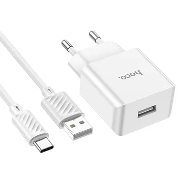 Сетевое зарядное устройство Hoco C106A, USB, EU, белый (6931474783912), кабель USB Type C