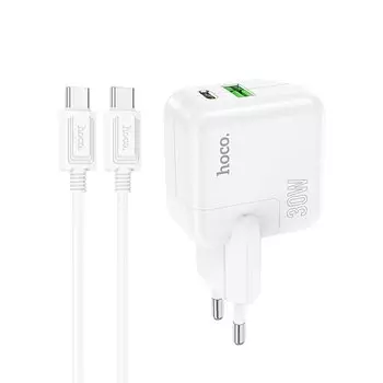Сетевое зарядное устройство Hoco C111A 30 Вт, USB, EU, USB type-C, Quick Charge, PD, белый (6931474790880), кабель type-C/type-C