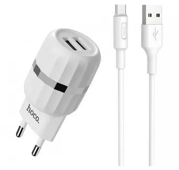 Сетевое зарядное устройство Hoco C41A 10W, 2USB, 1.2A, белый, кабель microUSB