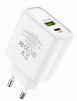 Сетевое зарядное устройство Hoco C57A 18W, 2USB, USB/USB type-C, USB type-C, Quick Charge, PD, 3A, белый