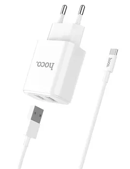 Сетевое зарядное устройство Hoco C62A Victoria 10W, 2USB, 1.5A, белый, кабель microUSB