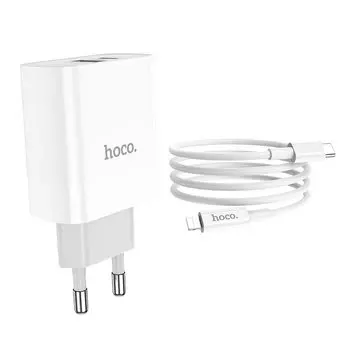 Сетевое зарядное устройство Hoco C80A Rapido 18W, 2xUSB, USB type-C, Quick Charge, PD, 3A, белый, USB Type-C - Lighting 8-pin