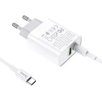 Сетевое зарядное устройство Hoco C80A Rapido 18W, 2xUSB, USB type-C, Quick Charge, PD, 3A, белый, USB Type-C - USB Type-C