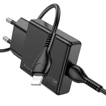 Сетевое зарядное устройство Hoco Delgado N37 20 Вт, EU, USB type-C, Quick Charge, PD, черный (6942007610087), кабель Lightning/Type-C