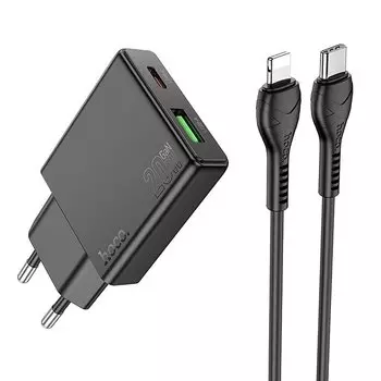 Сетевое зарядное устройство Hoco Delgado N38 20 Вт, USB, EU, USB type-C, Quick Charge, PD, черный (6942007610117), кабель Lightning/Type-C