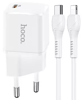 Сетевое зарядное устройство Hoco N10 Starter 20W, 1USB, USB type-C, Quick Charge, PD, 3A, белый, Lightning/Type-C