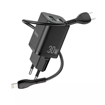 Сетевое зарядное устройство Hoco N13 Bright 30Вт, USB, USB type-C, Quick Charge, PD, 2.4A, черный (6931474747419), USB Type-C - Lighting 8-pin