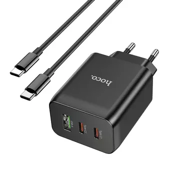Сетевое зарядное устройство Hoco N18 Phenomenon 65W, 1USB, USB type-C, Quick Charge, PD, 3A, черный (6931474748102), кабель USB Type C